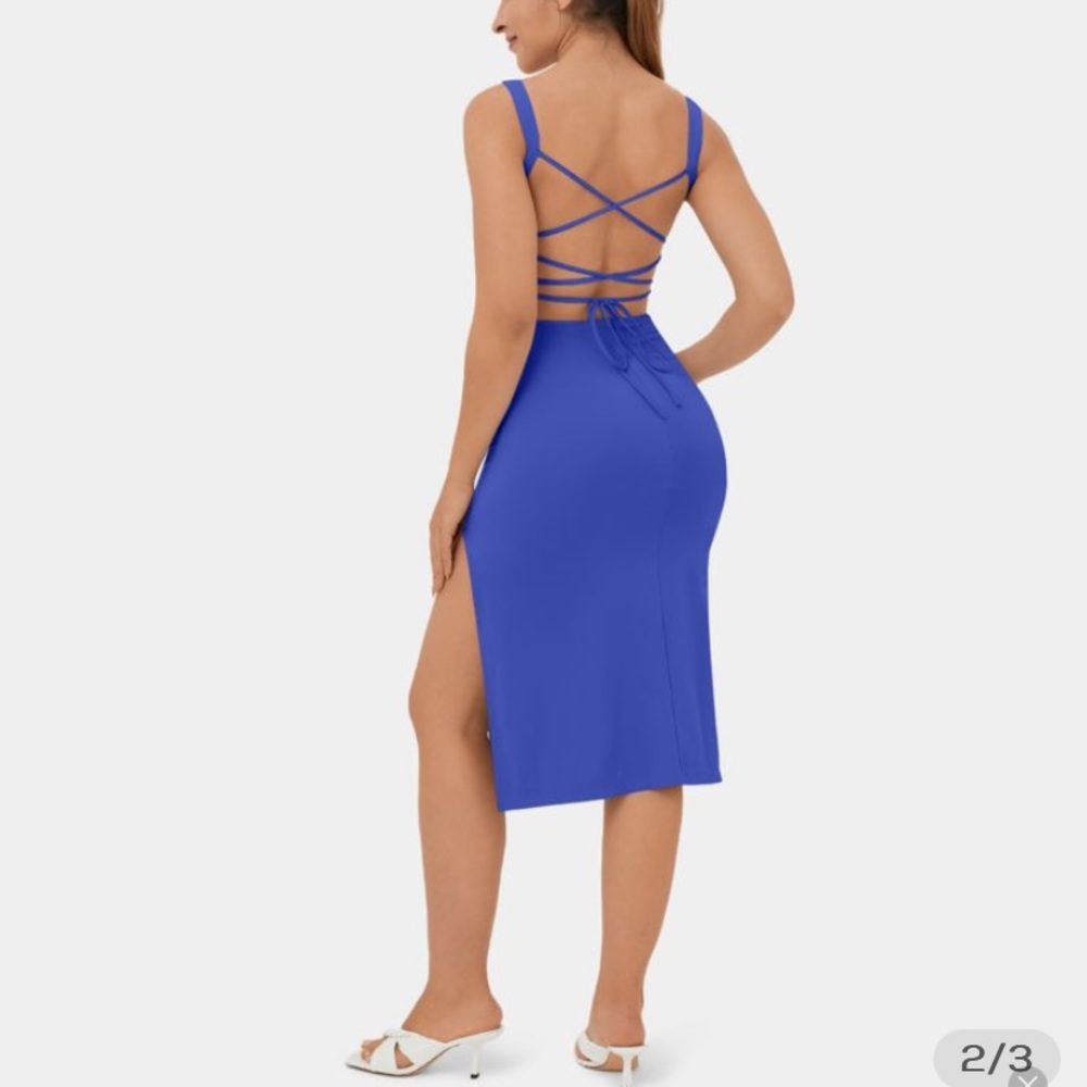 Ruched Split Backless Crisscross Lace Up Bodycon Midi Casual Dress - Picture 2 of 4